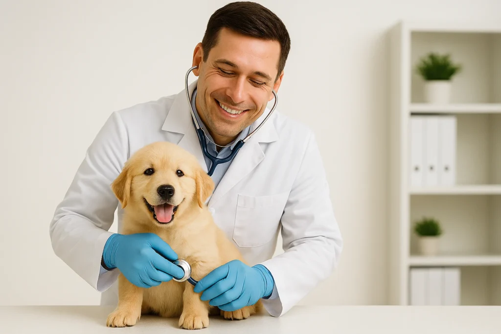 A veterinarian performing a health check on a puppy as part of a complete dog health guide.
