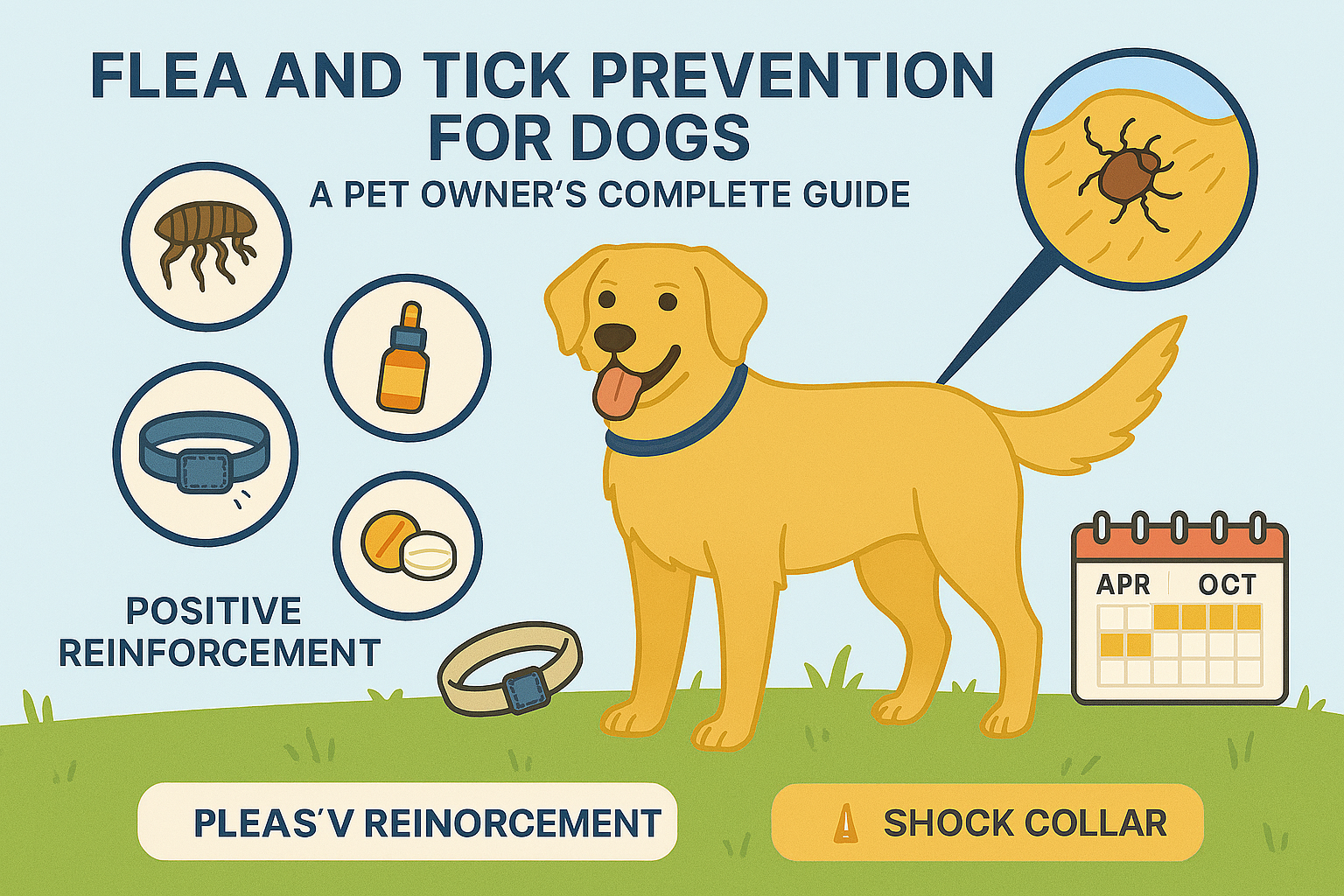 Illustrated guide titled "Flea and Tick Prevention for Dogs: A Pet Owner’s Complete Guide" showing a healthy dog with prevention methods and seasonal tips.