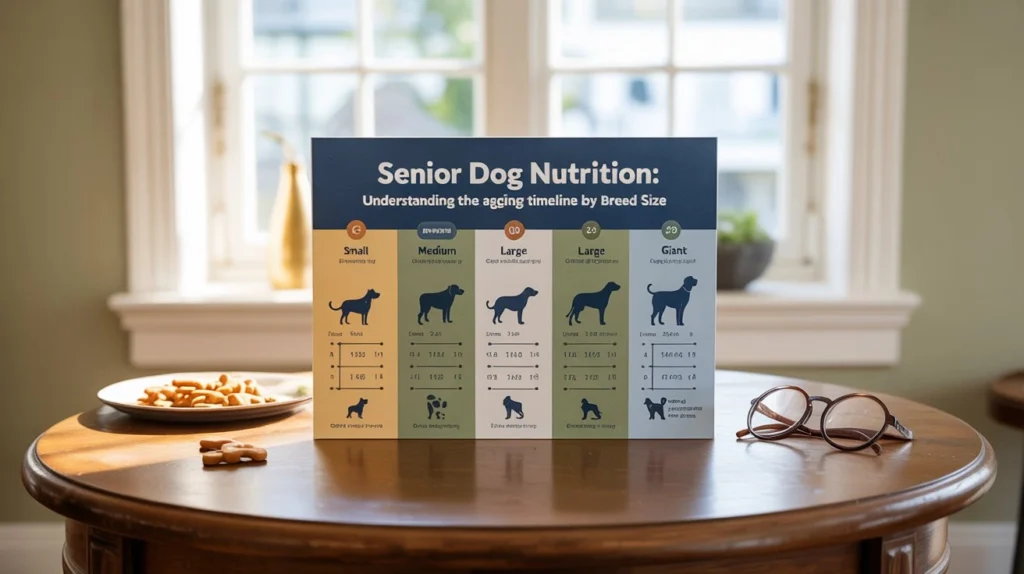 Senior dog nutrition age chart showing when different dog breeds become seniors, with breed-specific aging timelines and dietary recommendations.

