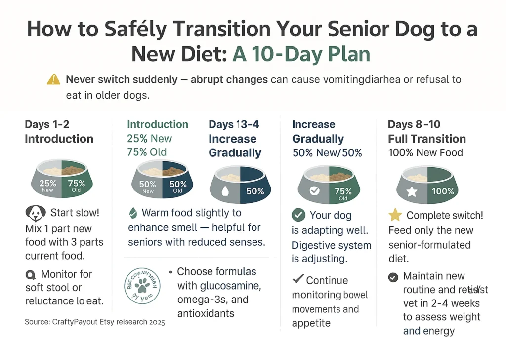 Senior dog nutrition transition schedule showing a gradual 10-day plan to switch from old to new food, with daily ratios and tips for safe feeding.

