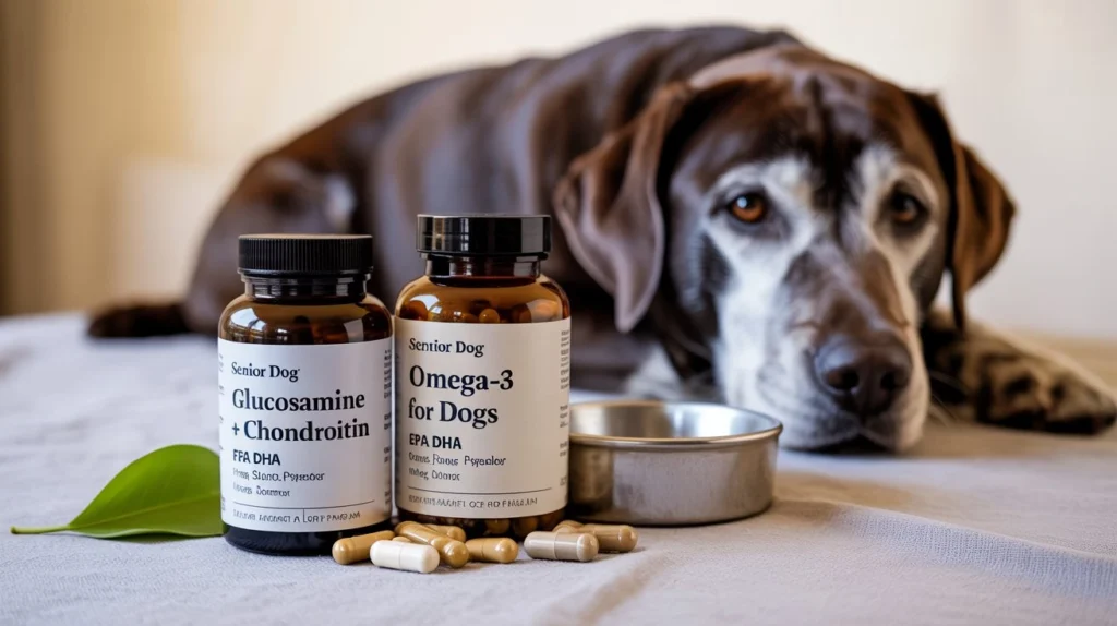 Senior dog nutrition joint supplements including glucosamine and omega-3 capsules


