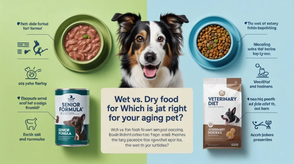 Comparison chart showing the pros and cons of wet vs. dry food for senior dogs, including hydration, dental health, digestibility, and nutritional support.

